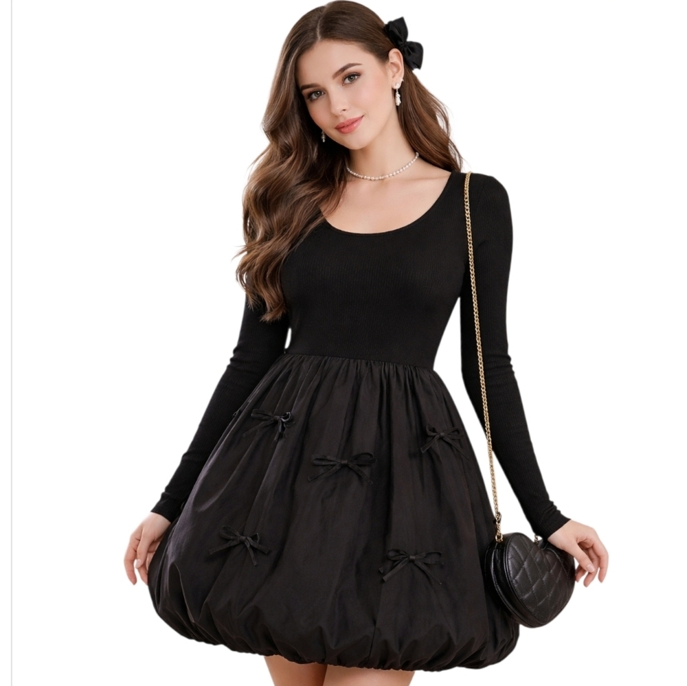 Rough los angeles  black ribbed knit long sleeve bubble dress w bows medium